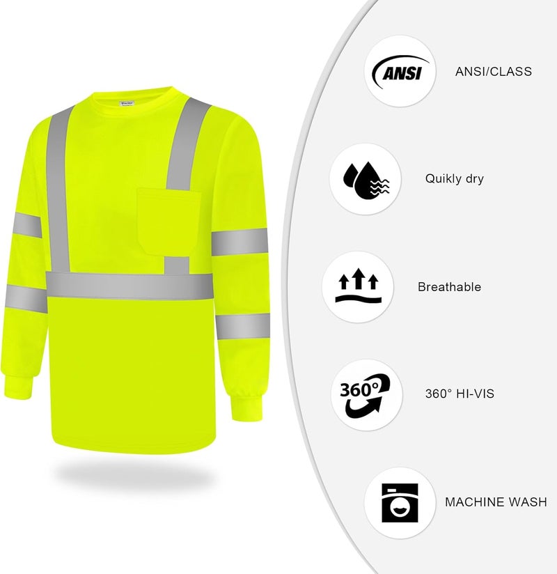 TCCFCCT Construction Shirts for Men Class 3 Long Sleeve Work Shirts for Men Construction, Hi Vis Reflective Safety Shirts for Surveyors, Drivers, LC-Yellow XXL - Image 3